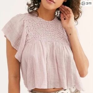 Free People FP One Hyacinth Smocked Flutter Sleeve Button Back Crop Top
